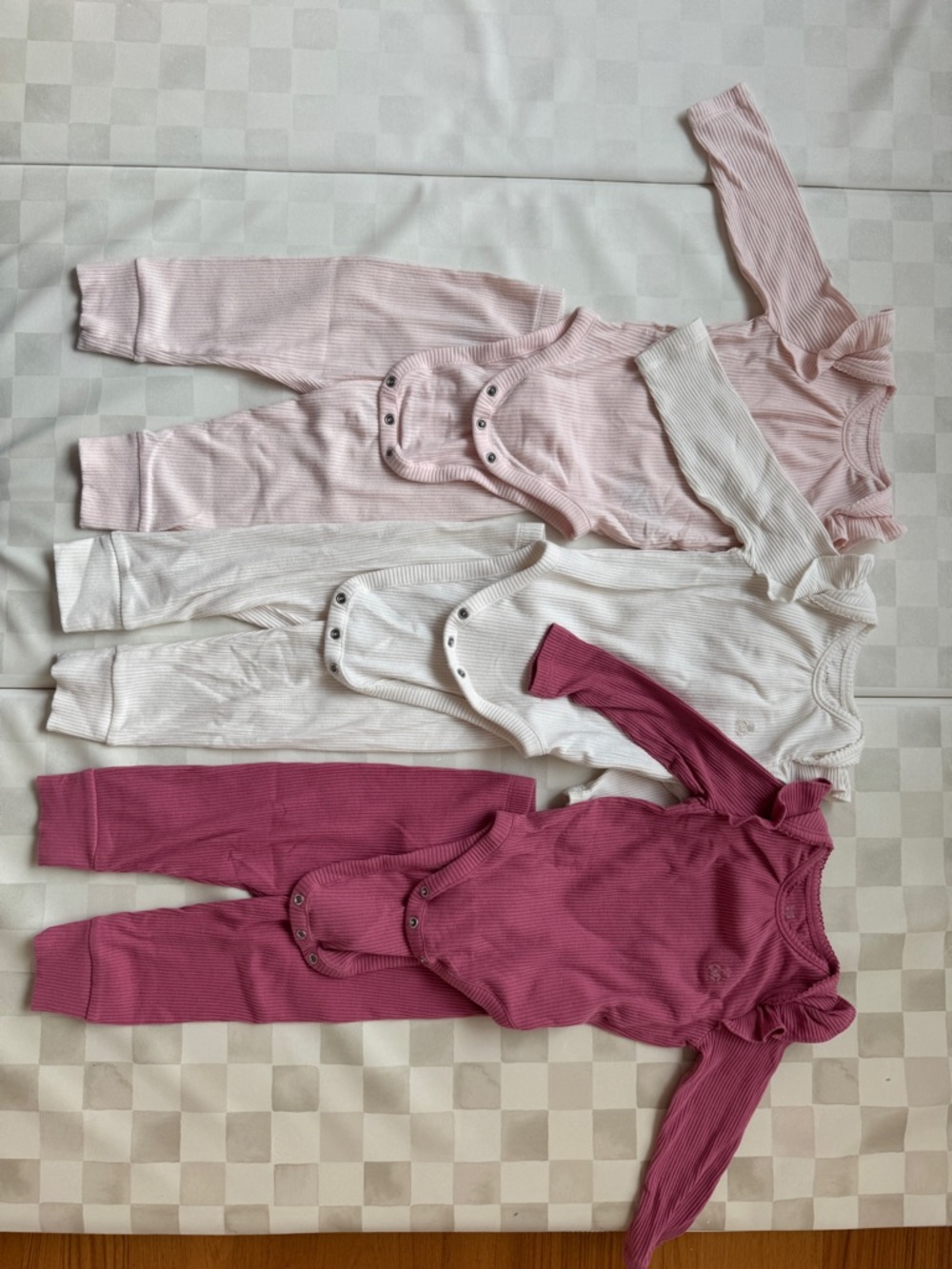 Baby Gap Ribbed Snap Rompers with pant - 3 Pack in Mauve, Light Pink, Cream